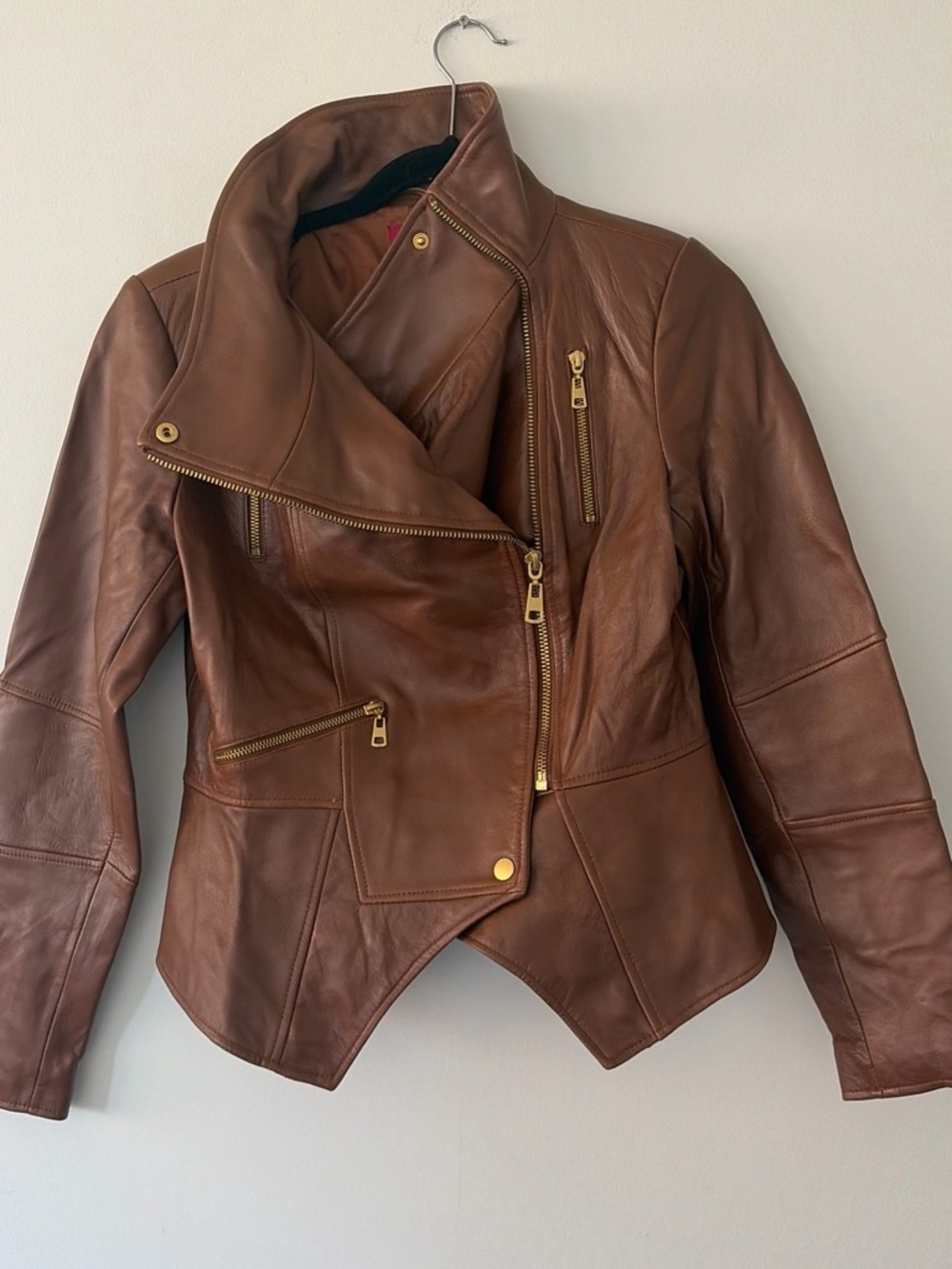 G.I.L.I. Brown Leather Asymmetric Moto Jacket with Gold Hardware